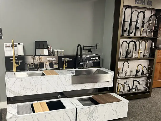 Marble kithen sinks and Kohler fithen faucets at the McDonald Supply Showroom