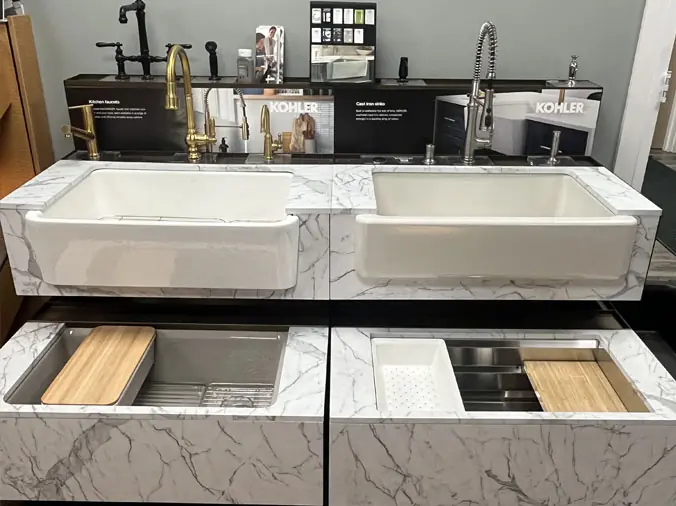 Marble kitchen sinks on display at the McDonald Supply Showroom